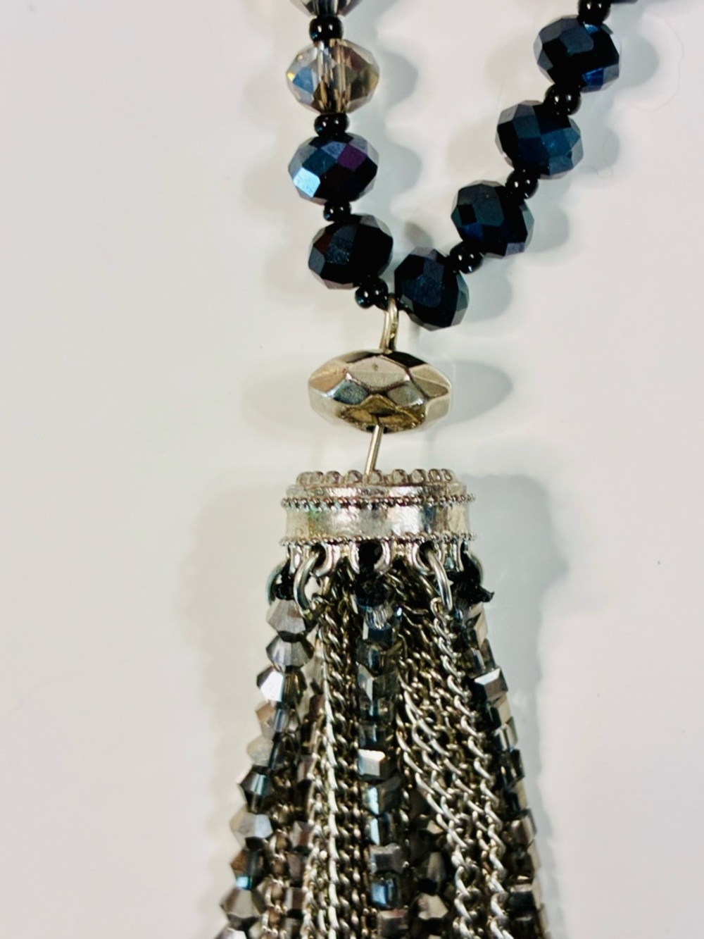 Murano Black and Silver Bead Necklace with Silver Tassel - Picture 12 of 13
